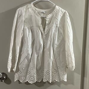 Lucky Brand White Eyelet Boho Tunic Blouse Long Sleeve